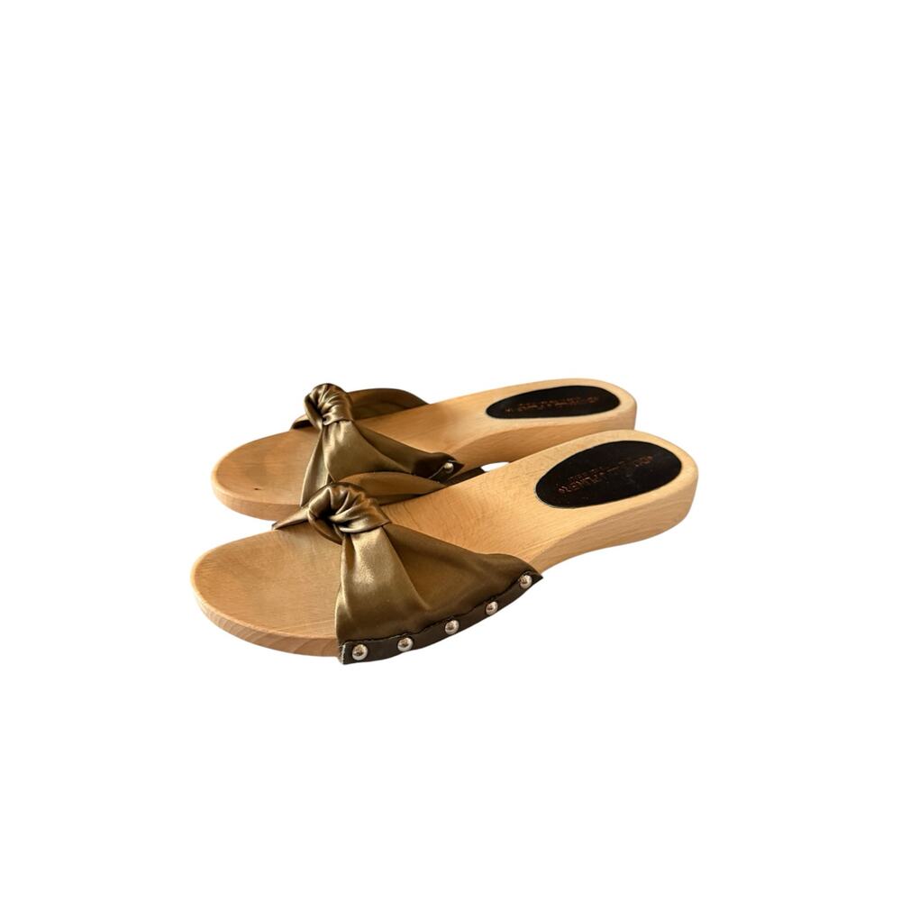 Vtg 90s Y2K Donald J Pliner Sz 7 Wooden Clog Sandals Olive Geen Satin Knot Studs